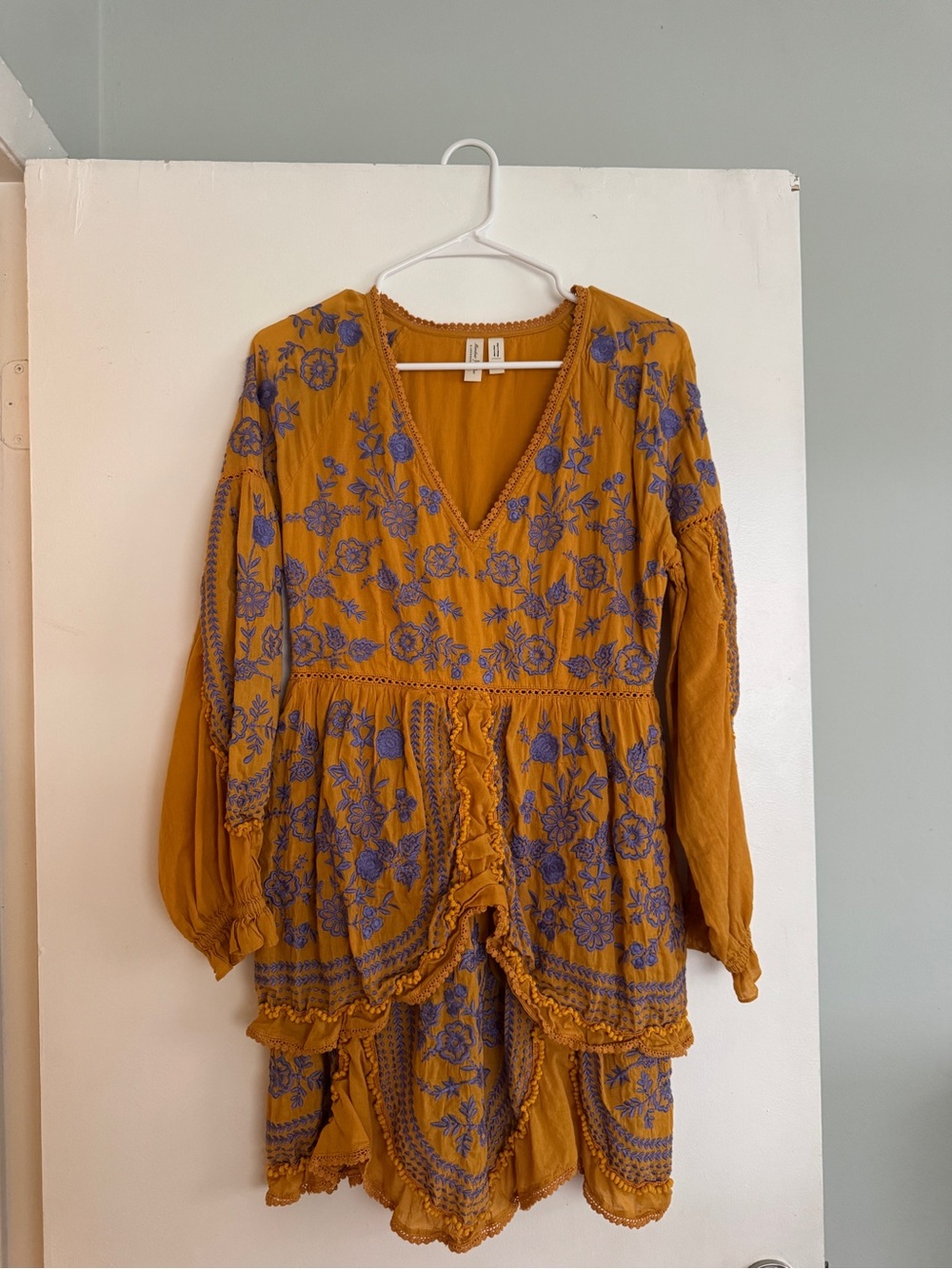 Anthropologie Mustard Dress with Purple Floral Embroidery